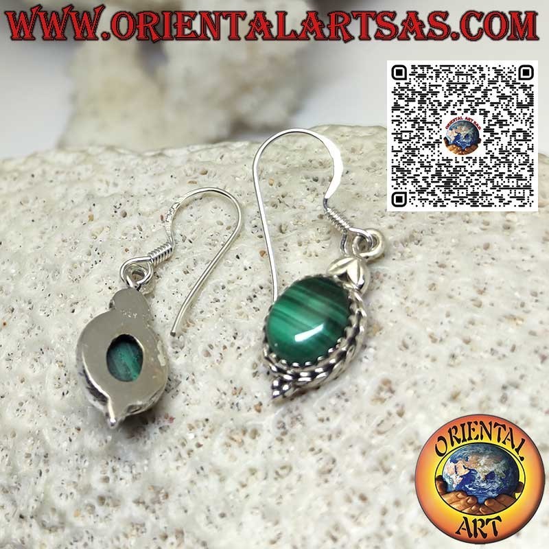 Pendientes colgantes de plata con malaquita natural ovalada engastada