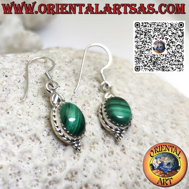Dangling silver earrings with natural oval malachite set