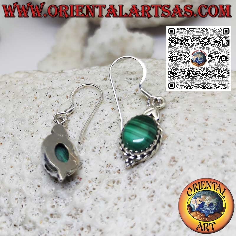 Dangling silver earrings with natural oval malachite set