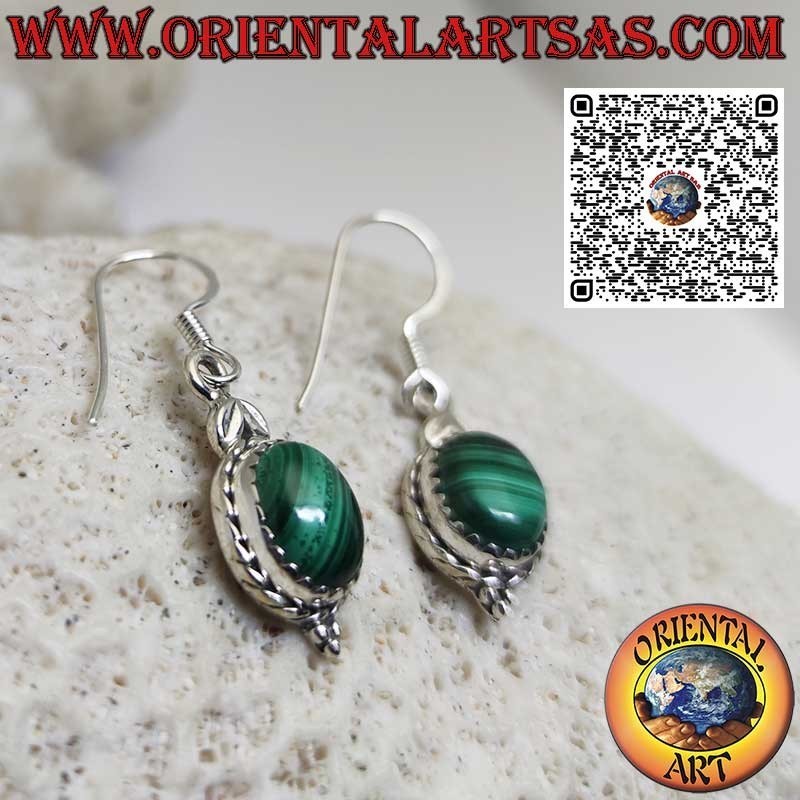 Pendientes colgantes de plata con malaquita natural ovalada engastada