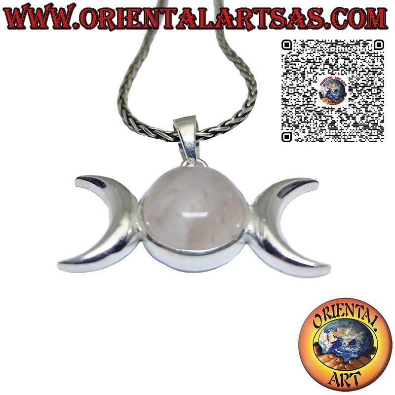 Silberner Anhänger, dreifaches Mondsymbol der Göttin (Wicca) mit Rundrosaquarz