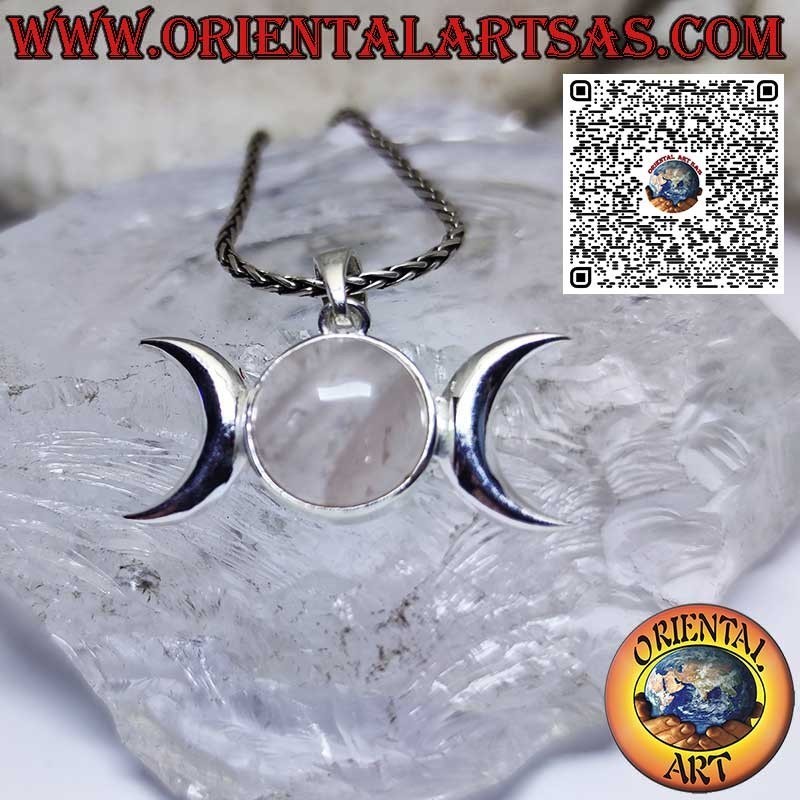 Colgante de plata, símbolo de la triple diosa luna (wicca) con redondo de cuarzo rosa