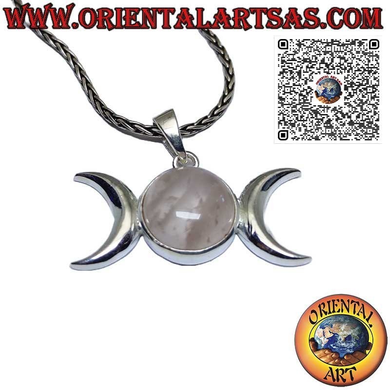 Pendentif en argent, symbole triple déesse lune (wicca) avec en quartz rose rond