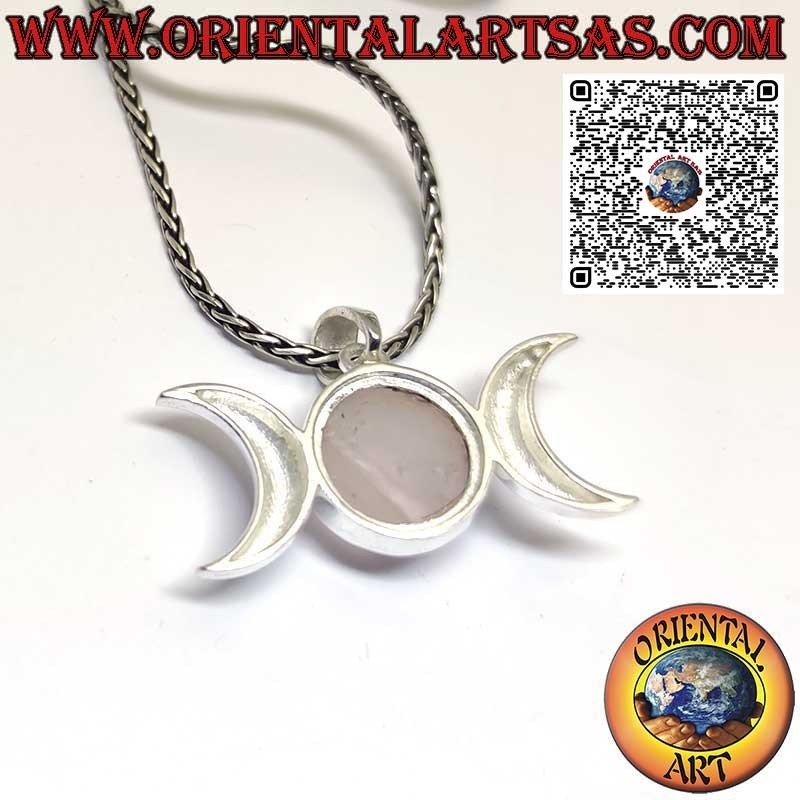Pendentif en argent, symbole triple déesse lune (wicca) avec en quartz rose rond