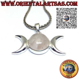 Silberner Anhänger, dreifaches Mondsymbol der Göttin (Wicca) mit Rundrosaquarz