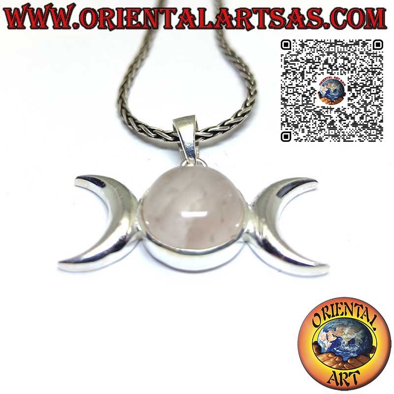 Ciondolo in argento, simbolo della luna triplice dea (wicca) con quarzo rosa centrale
