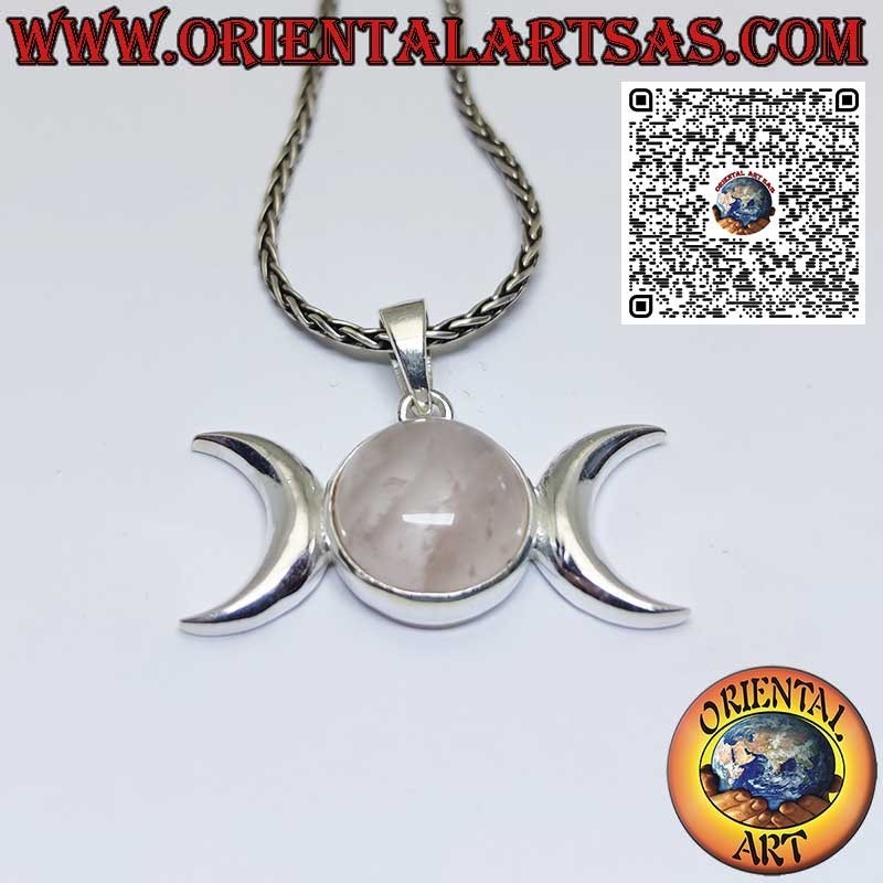Ciondolo in argento, simbolo della luna triplice dea (wicca) con quarzo rosa