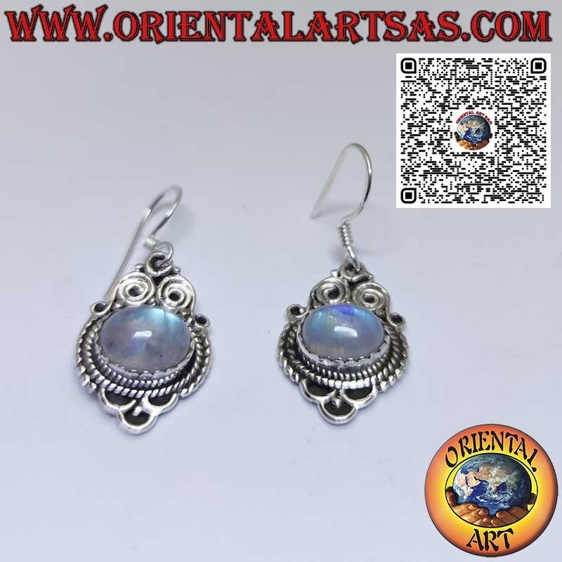 Orecchini in argento con pietra di luna di traverso in stile Nepalese