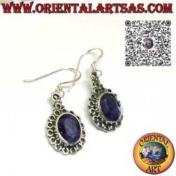 Boucles d'oreilles en argent avec saphir ovale naturel entouré de cercles