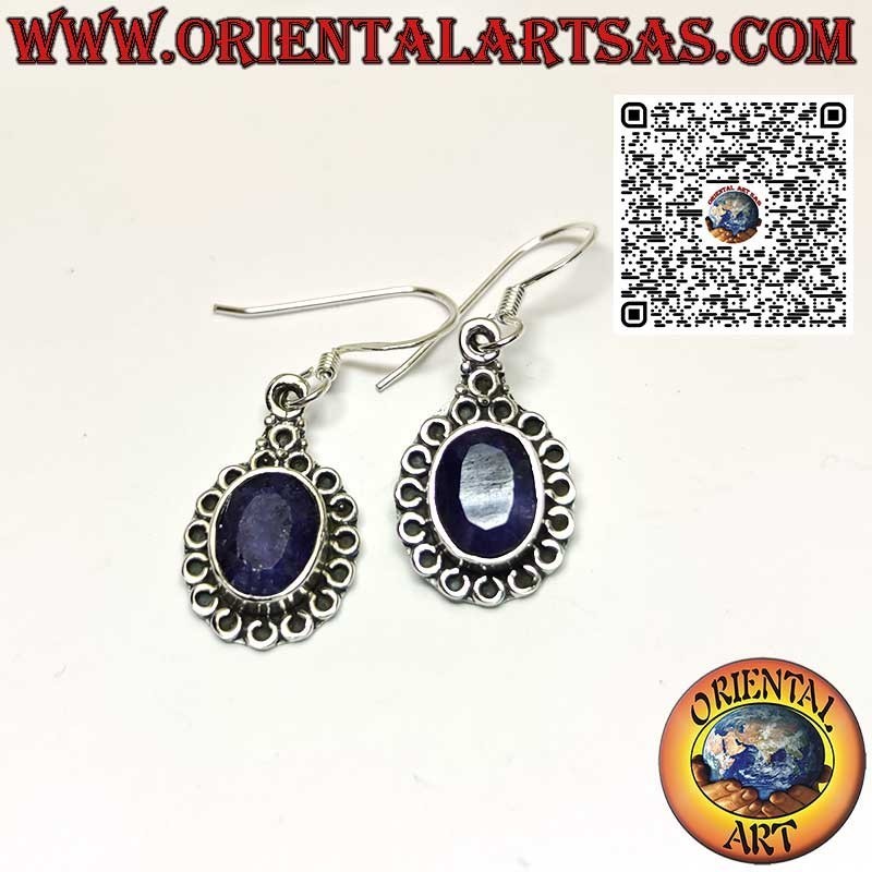 Silver earrings with natural oval sapphire surrounded by circles