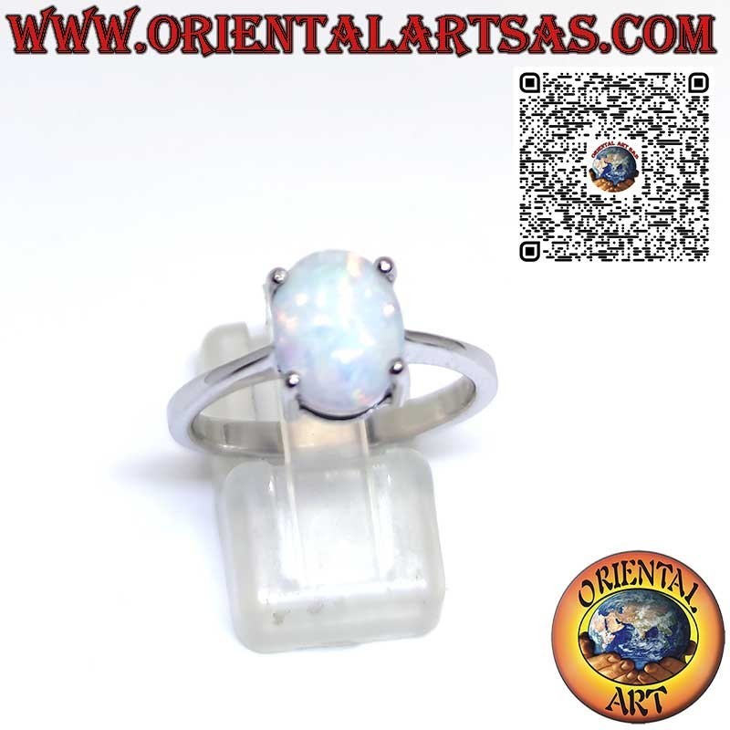 Bague en argent avec opale arlequin ovale, sertie de 4 griffes