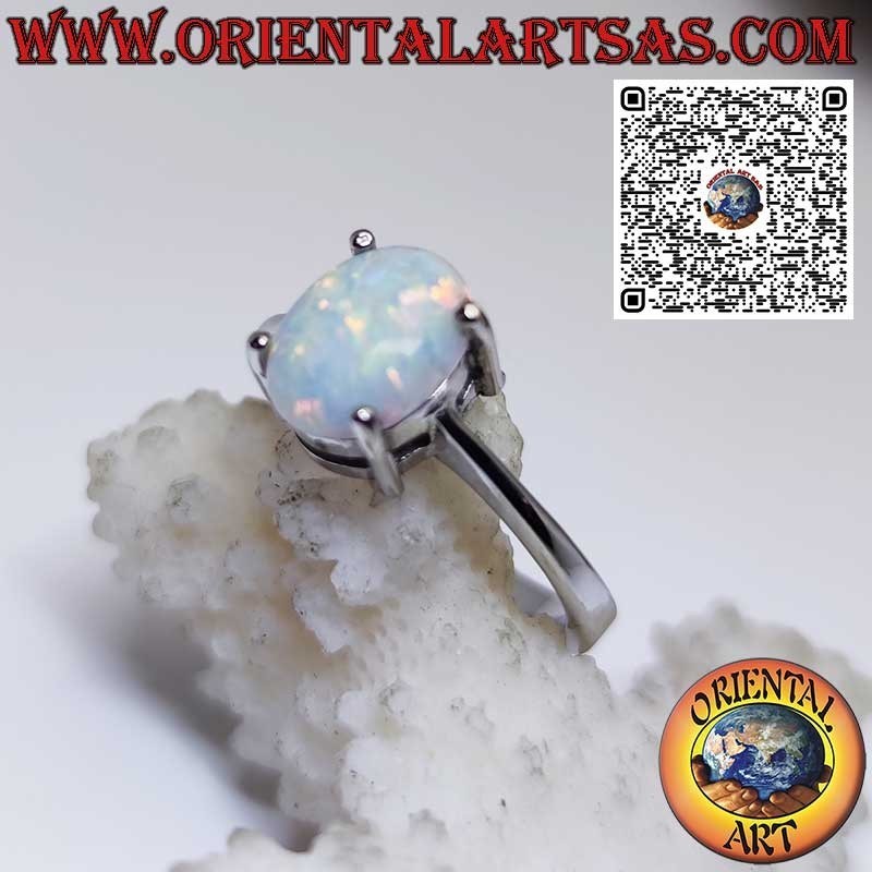 Bague en argent avec opale arlequin ovale, sertie de 4 griffes