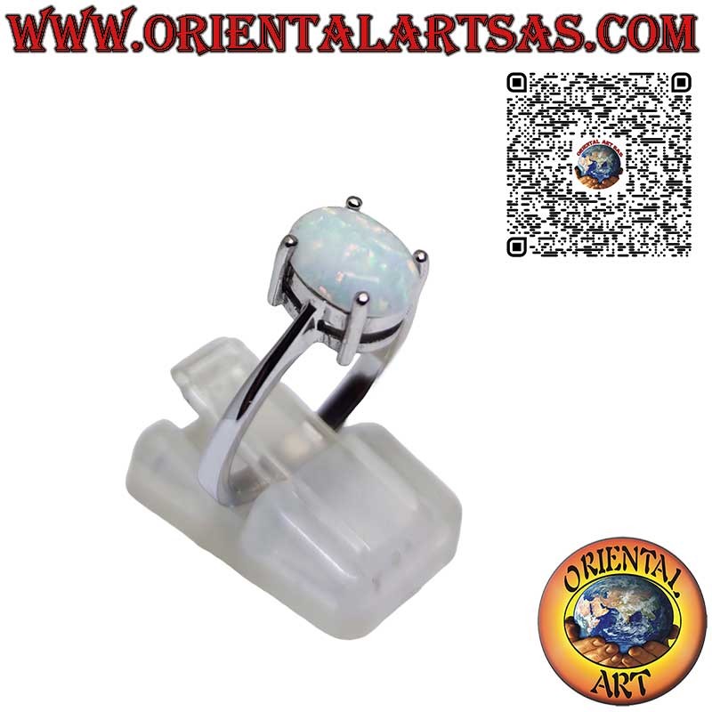 Silver ring with oval harlequin opal set with 4 prongs