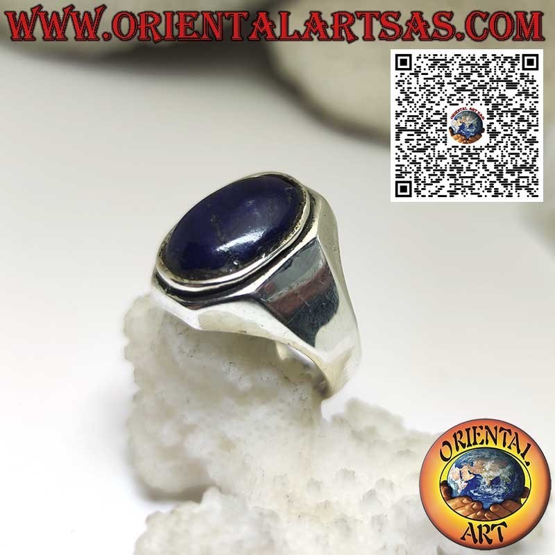 Bague en argent avec lapis-lazuli naturel ovale et monture façonnée