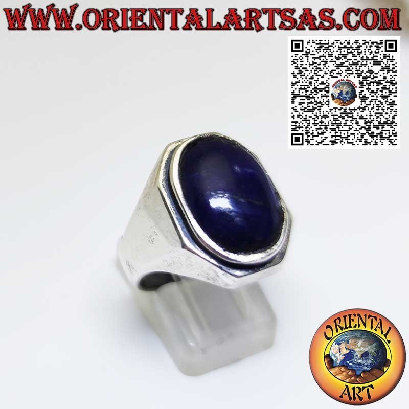 Silberring mit ovalem natürlichem Lapislazuli und geformtem Rahmen