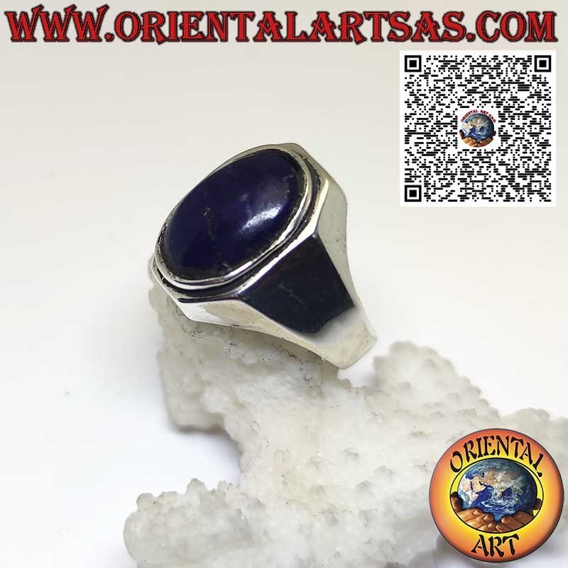 Anello in argento con lapislazzulo naturale ovale e montatura sagomata