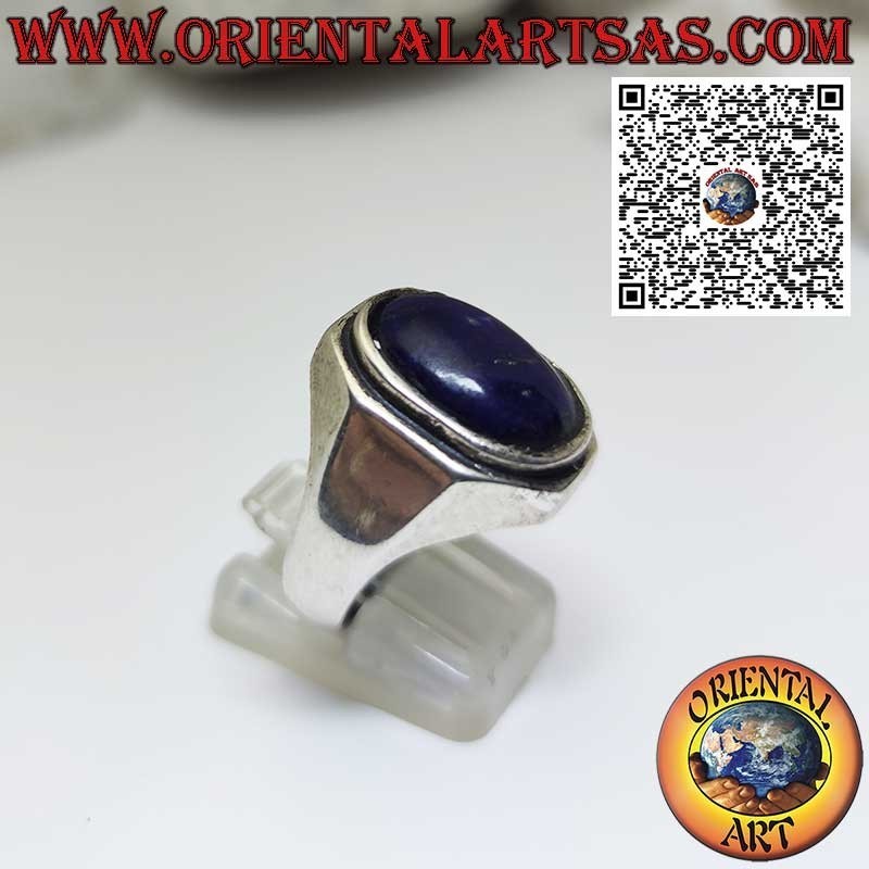 Bague en argent avec lapis-lazuli naturel ovale et monture façonnée