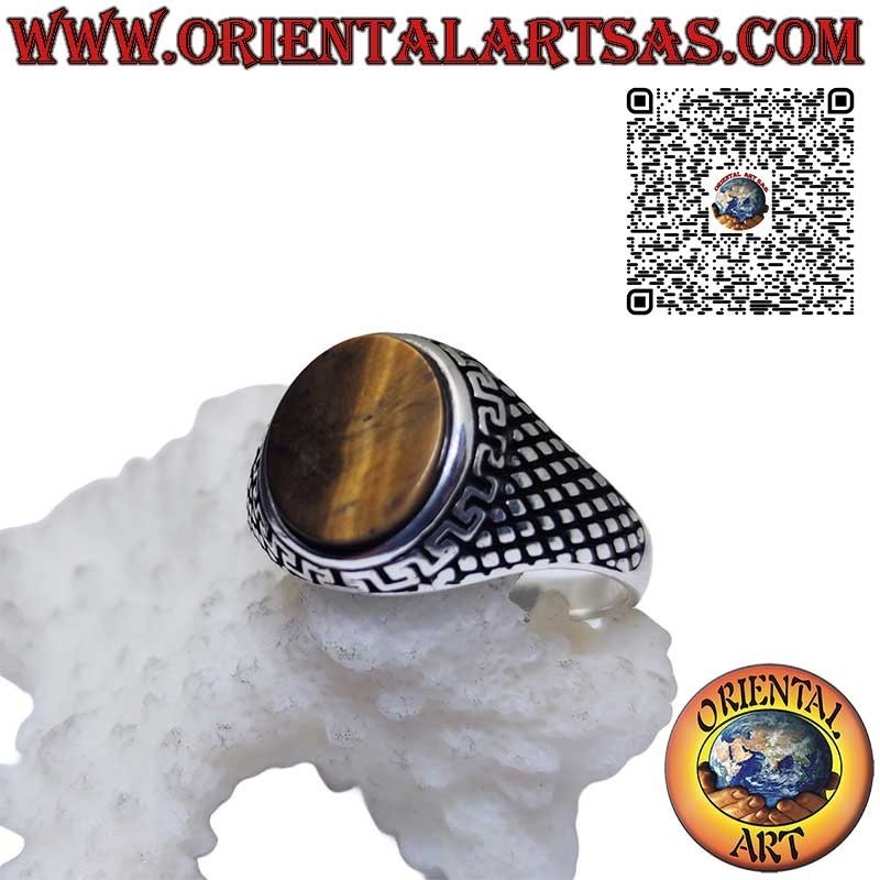 Bague en argent avec oeil de tigre ovale plat entouré de frettes