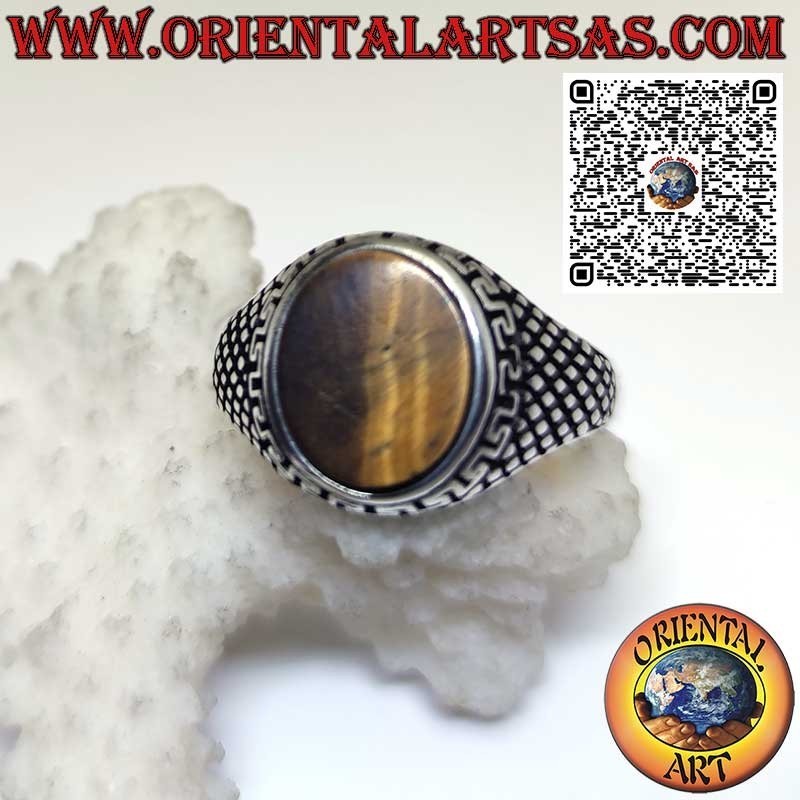 Bague en argent avec oeil de tigre ovale plat entouré de frettes