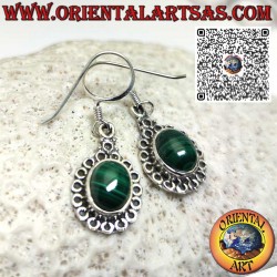 Silver earrings with Malachite set surrounded by circles