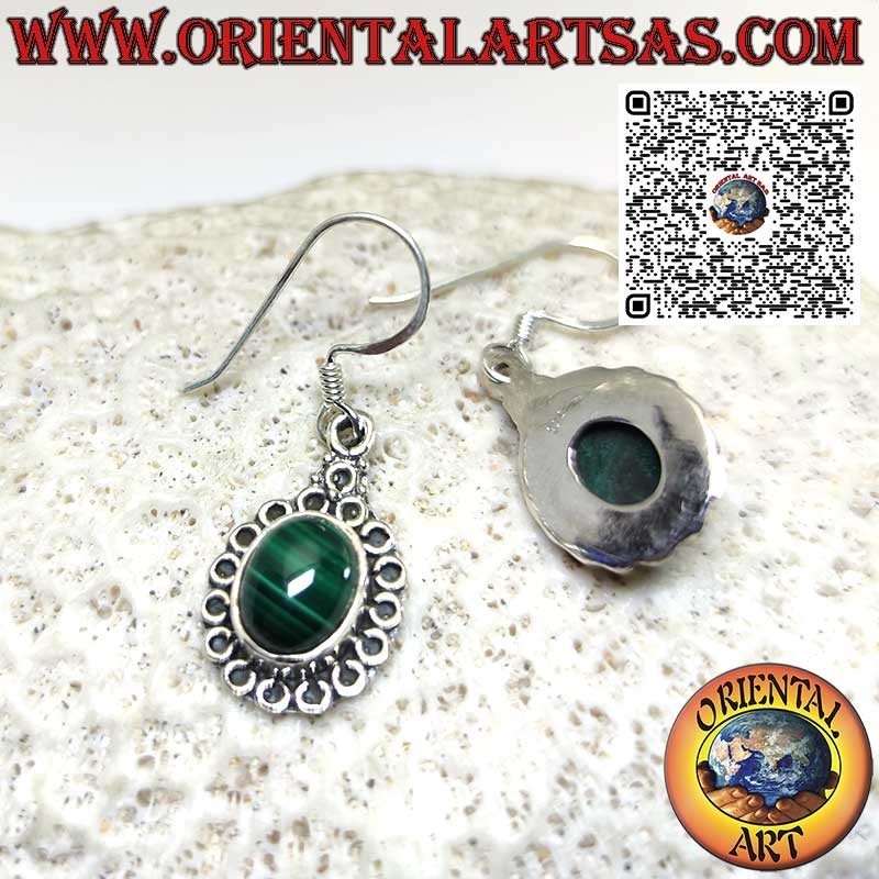 Pendientes de plata con Malaquita engastada rodeada de círculos