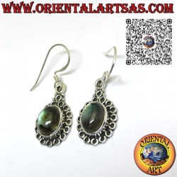 Silver earrings with natural oval labradorite surrounded by circles