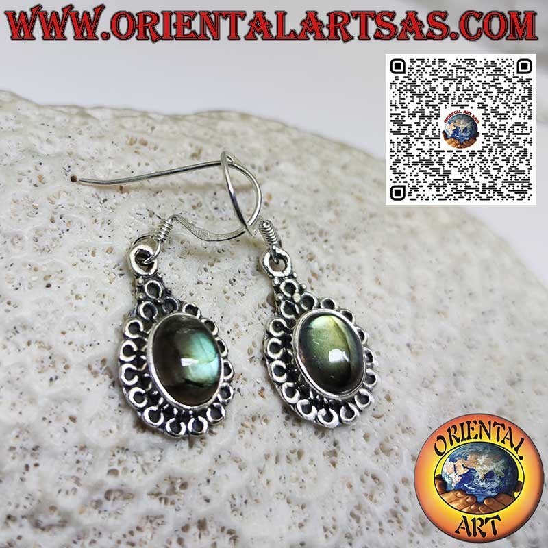 Silver earrings with natural oval labradorite surrounded by circles