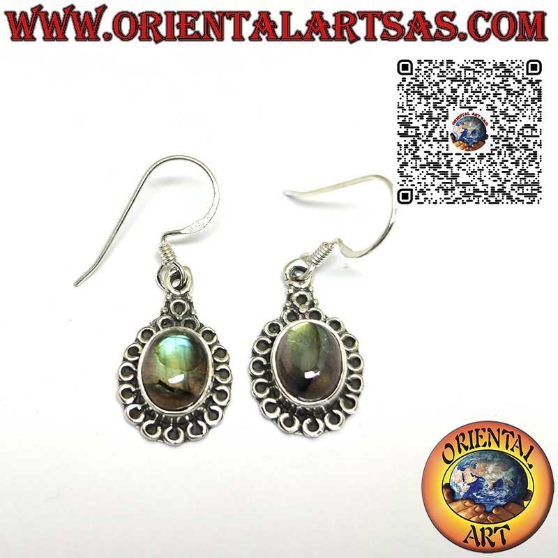 Silver earrings with natural oval labradorite surrounded by circles