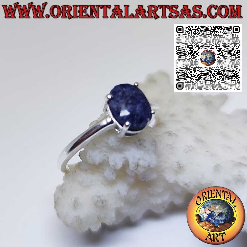 Silver ring with natural oval sapphire set with 4 prongs