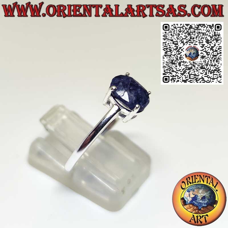 Silver ring with natural oval sapphire set with 4 prongs