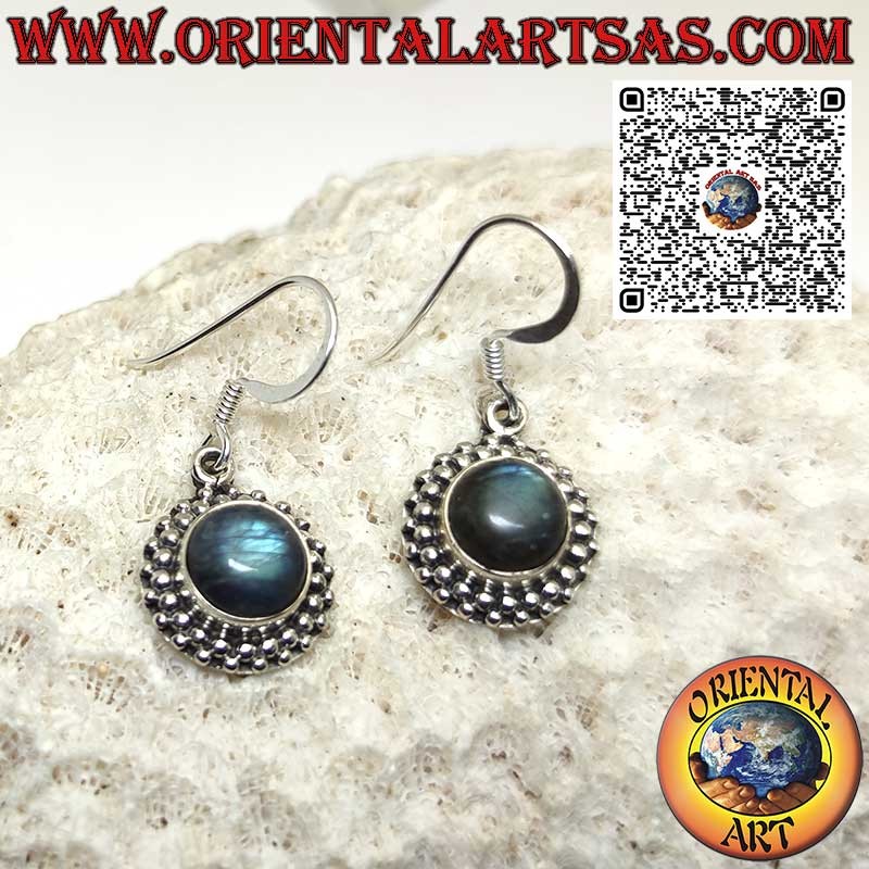 Pendientes de plata con labradorita natural redonda rodeada de esferas