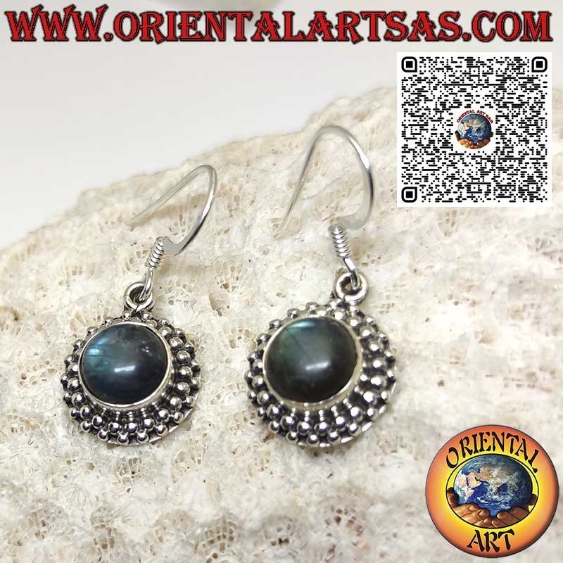 Pendientes de plata con labradorita natural redonda rodeada de esferas