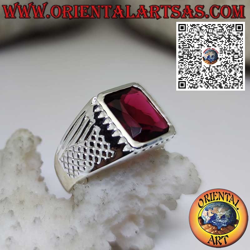 Silver ring with rectangular faceted garnet inlaid on the sides