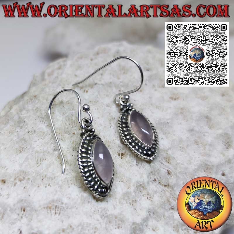 Boucles d'oreilles en argent avec quartz rose navette entouré de sphères