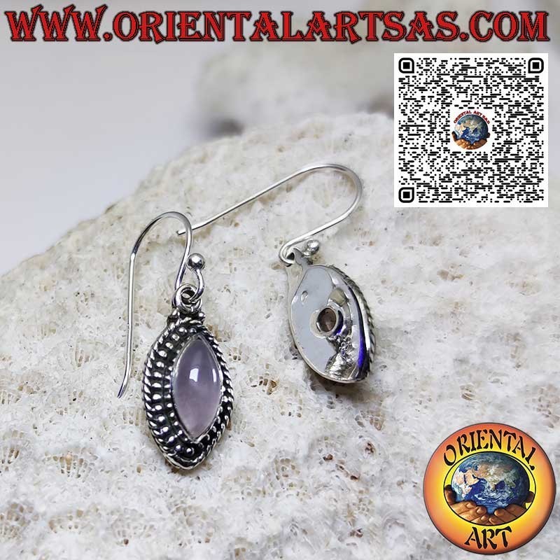Silver earrings with pink quartz shuttle and surrounded by spheres