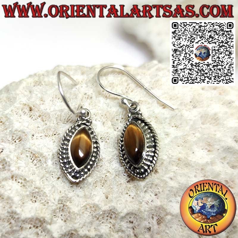 Boucles d'oreilles en argent avec oeil de tigre navette entouré de sphères