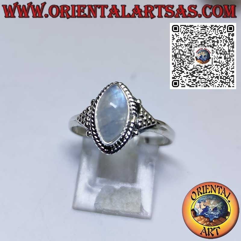 Bague en argent avec ensemble de pierres de lune arc-en-ciel navette