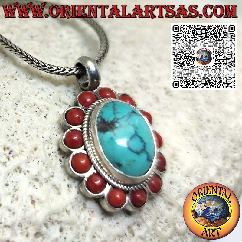 Colgante de plata con turquesa tibetana natural ovalada y 13 corales