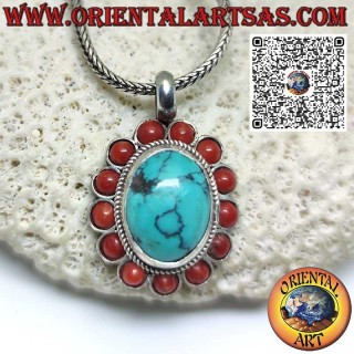 Ciondolo in argento con turchese tibetano naturale ovale e 13 coralli