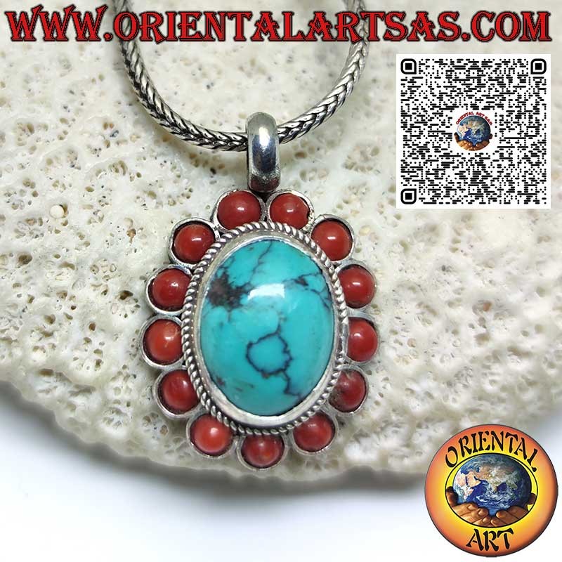Pendentif en argent avec turquoise tibétaine naturelle ovale et 13 coraux