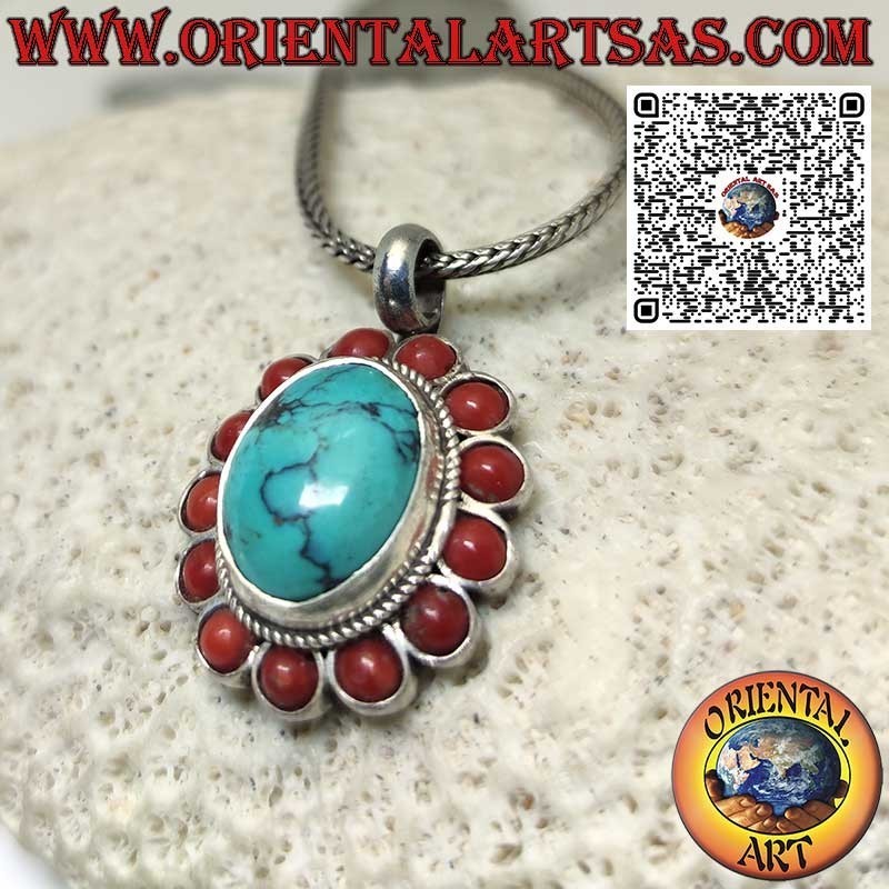 Silver pendant with oval natural Tibetan turquoise and 13 corals