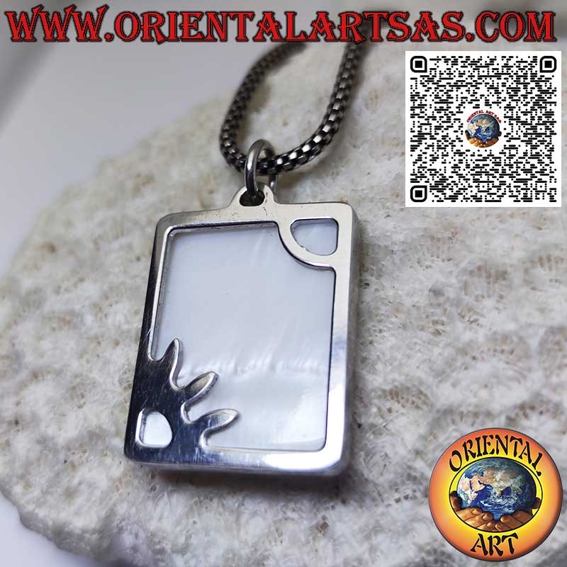 Rectangular silver pendant with sun rays on mother-of-pearl