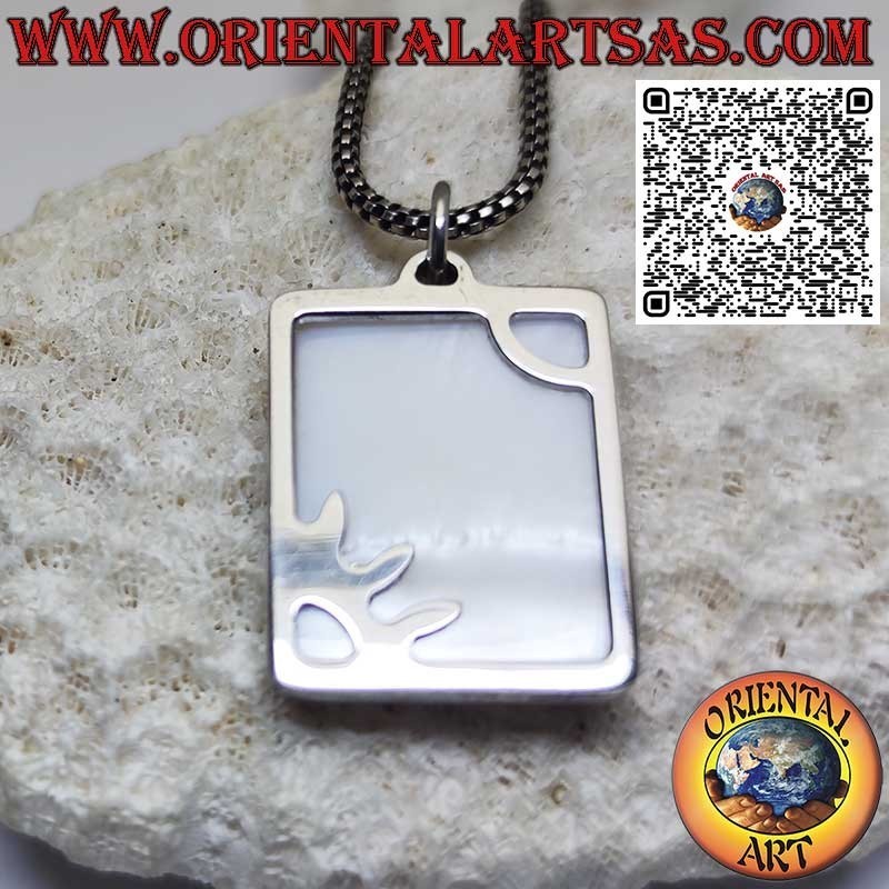 Rectangular silver pendant with sun rays on mother-of-pearl