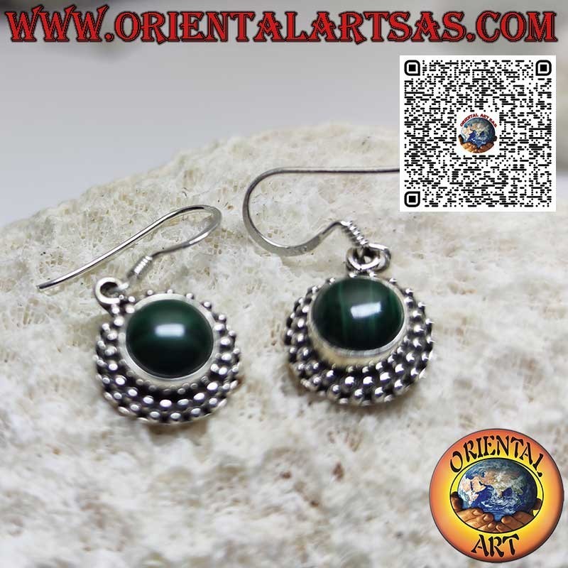 Silver earrings with round Malachite set surrounded by spheres