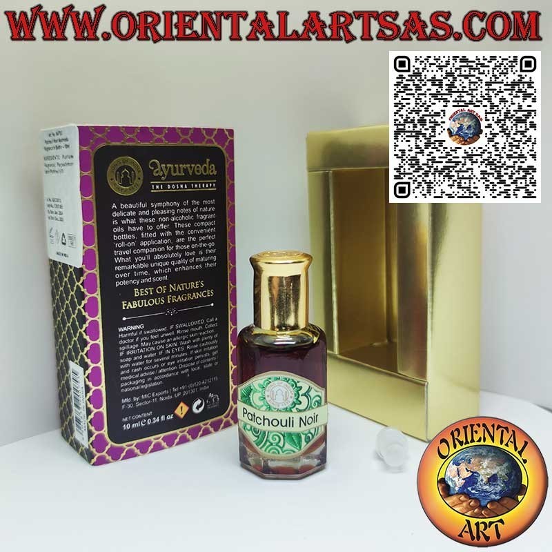 Perfume de aceite esencial ayurvédico pachulí noir en botella de vidrio