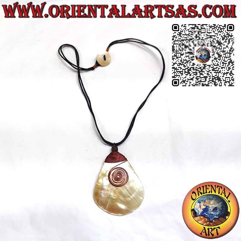Large teardrop mother-of-pearl necklace with hook and copper spiral