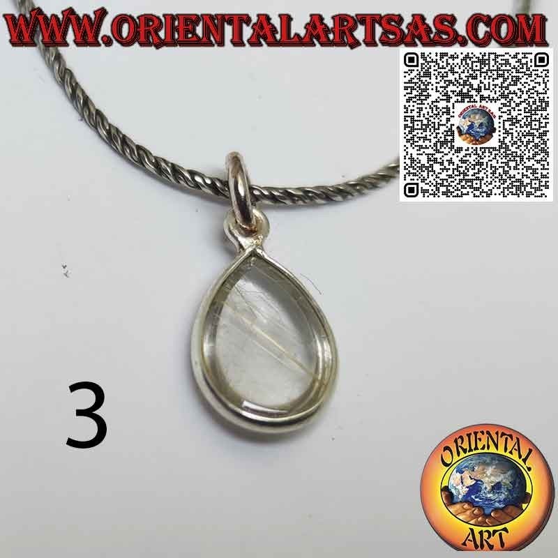 Pendentif goutte en quartz rutile (quartz doré) avec bordure en argent 925 ‰