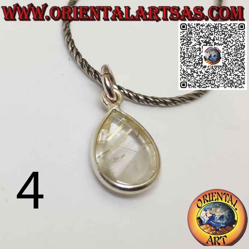 Pendentif goutte en quartz rutile (quartz doré) avec bordure en argent 925 ‰