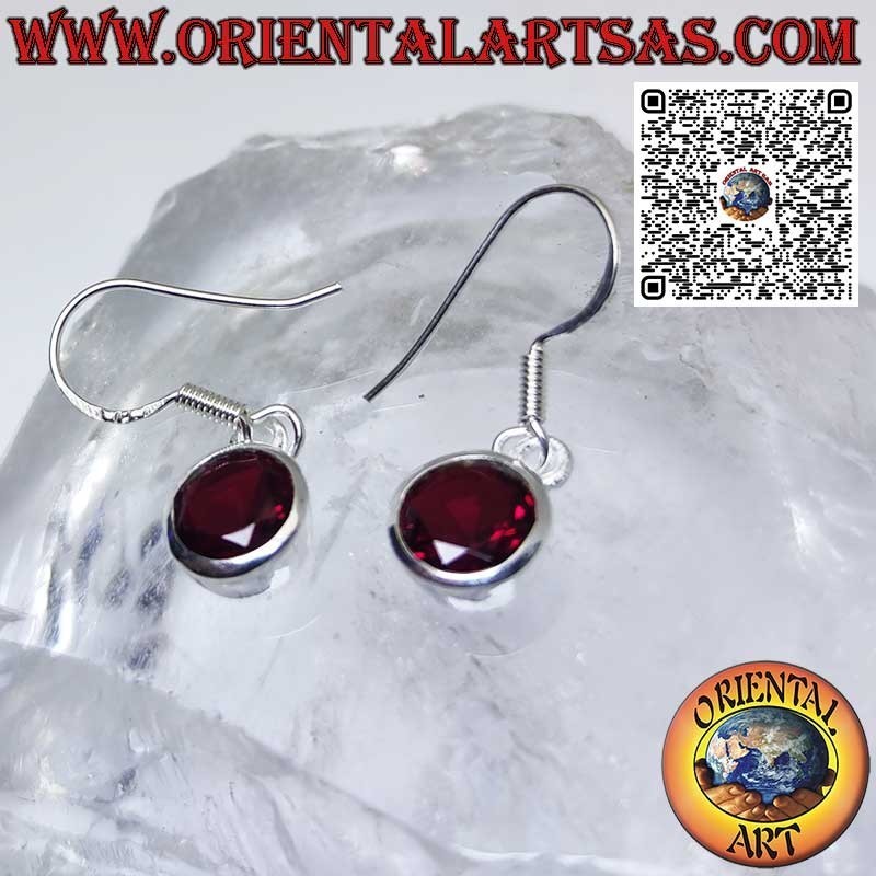 Silver earrings with round faceted garnet with simple edge
