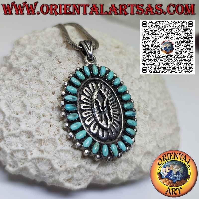 Colgante de plata escudo nativo americano con turquesas naturales